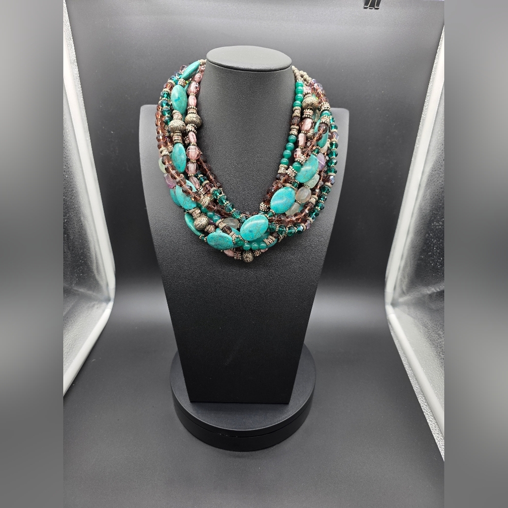 Natural Stone and Crystal Multistrand Turquoise/Fluorite Bead Statement Necklace
